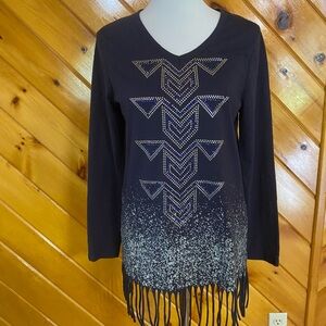 Back in the Saddle Fringe Hem Top with Studded Rhinestone Design Large Rodeo